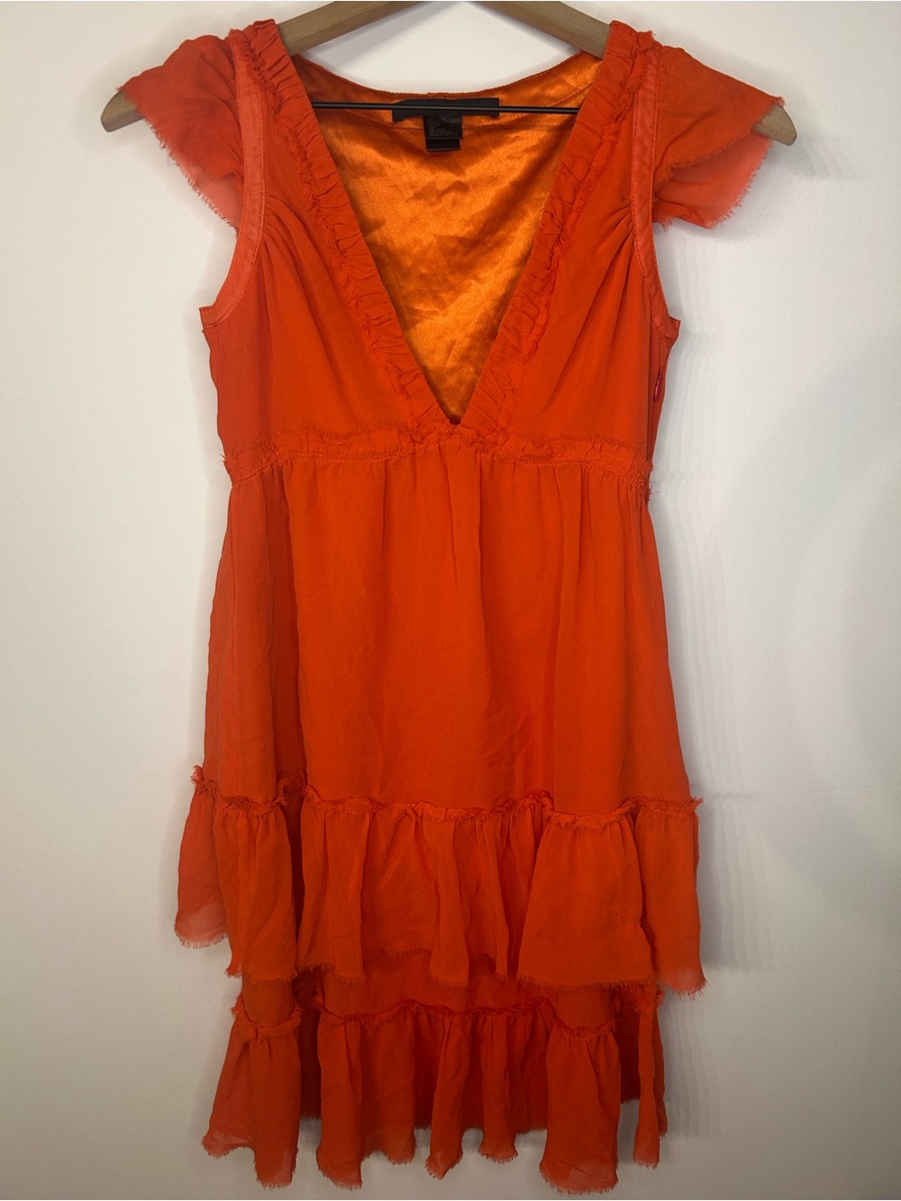 Marc Jacobs Vintage Silk Orange Ruffle V Neck Dress, Size 0 - Picture 2 of 10